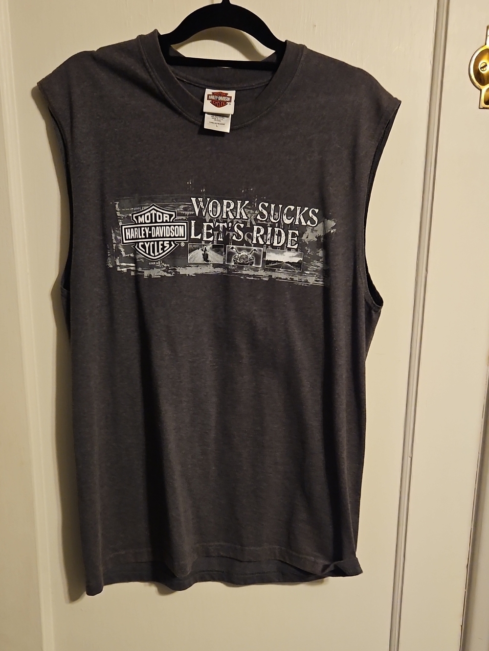 Harley-Davidson Charcoal Gray Sleeveless Graphic Tank - "Work Sucks Let's Ride"